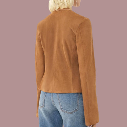 Womens Brown Fitted Collarless Suede Jacket