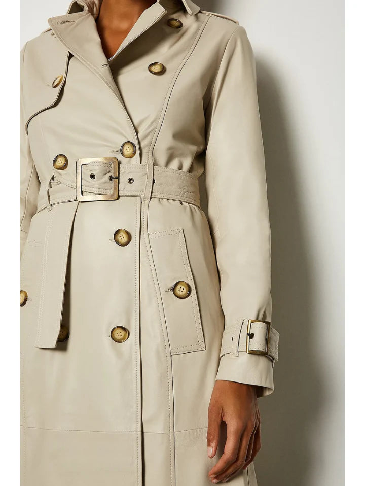 Women's Beige Sheepskin Leather Trench Coat