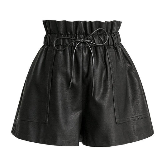 Women’s Black Elastic High-Waisted Leather Shorts