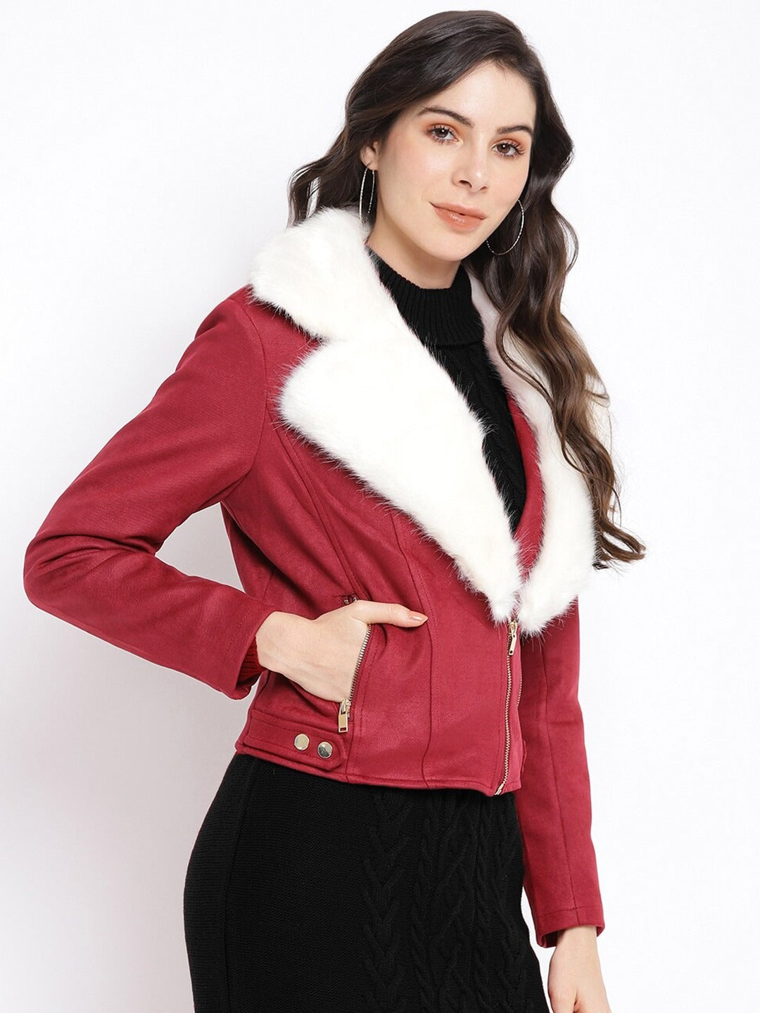 Women’s Red Leather Cropped Biker Jacket