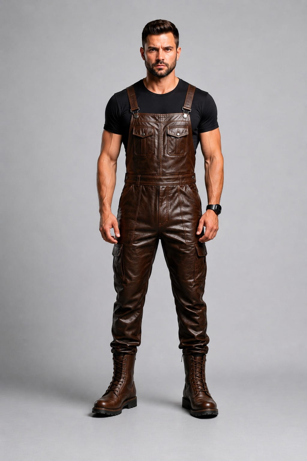 Full-length front view of a muscular male model standing with arms at his sides wearing dark brown leather overalls, a fitted black crew-neck t-shirt, side cargo pockets, and brown leather combat boots set against a seamless white studio backdrop.