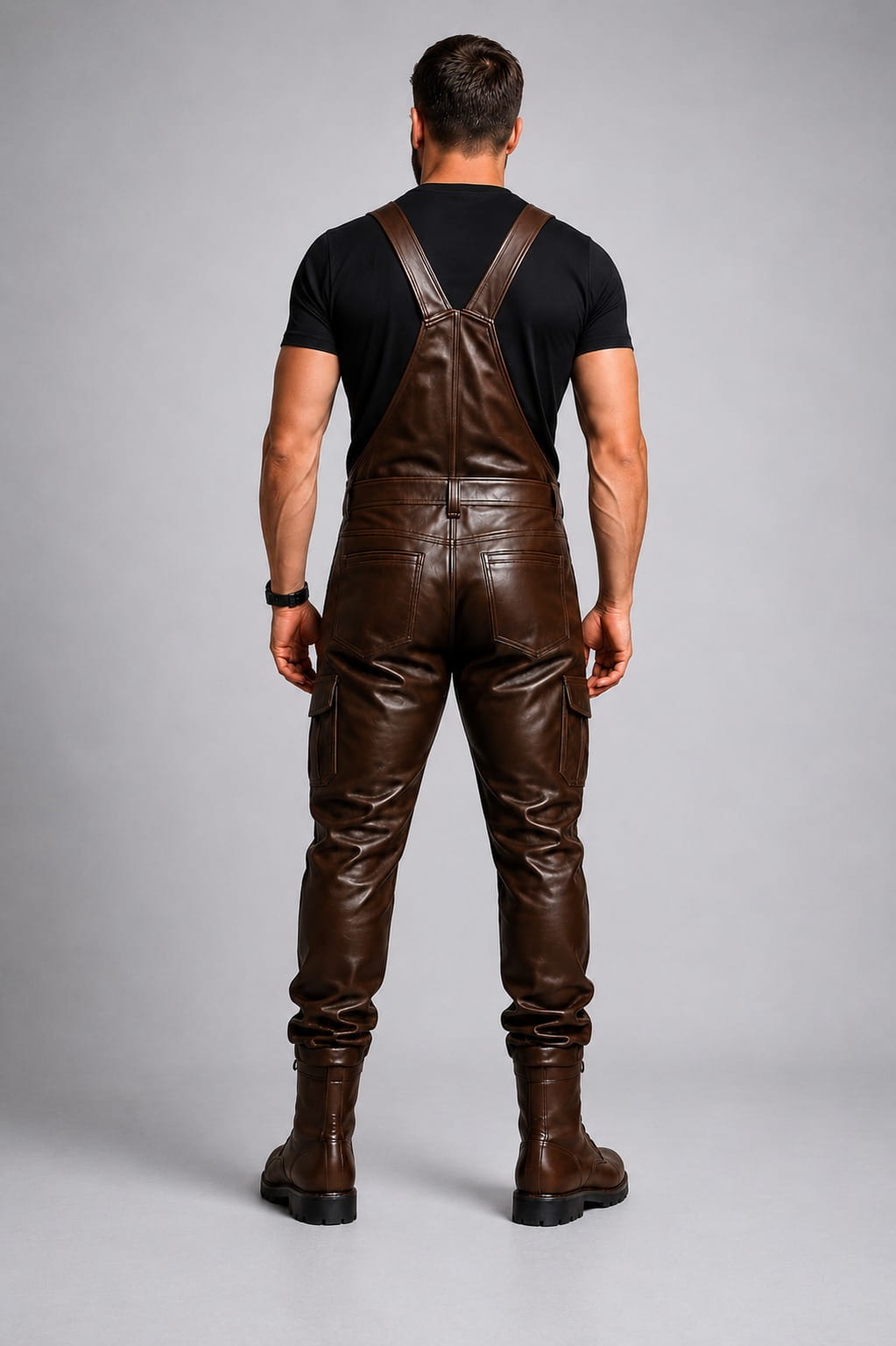 Full-length back view of a male model wearing dark brown leather dungarees featuring an overall back panel with crossover shoulder straps, back patch pockets, side cargo leg pockets, and brown leather boots against a solid white background.