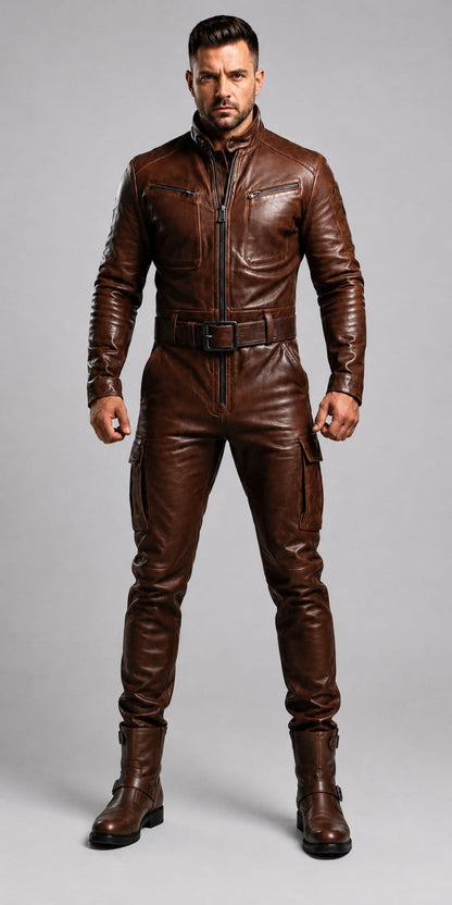 Three-quarter front view of a male model with facial stubble wearing a distressed brown leather jumpsuit featuring a high stand collar, zippered chest pockets, central front zipper, matching leather waist belt, and thigh cargo pockets against a light grey background.