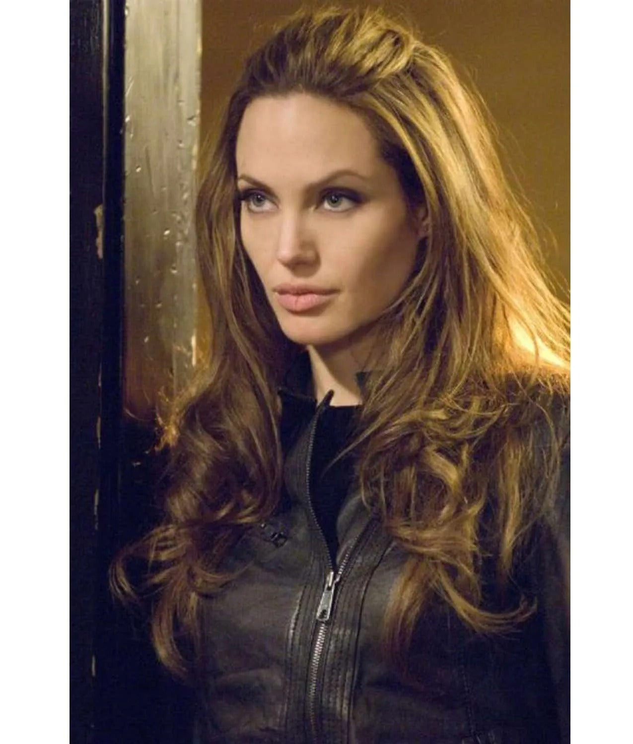 Sleek Angelina Jolie Leather Jacket from "Wanted"