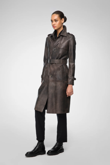 Women's Coffee Brown Belted Leather Coat