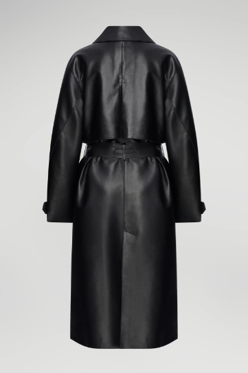 Women's Black Belted Trench Leather Coat