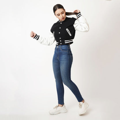 Women's Black & White Sleeves Cropped Varsity Leather Jacket