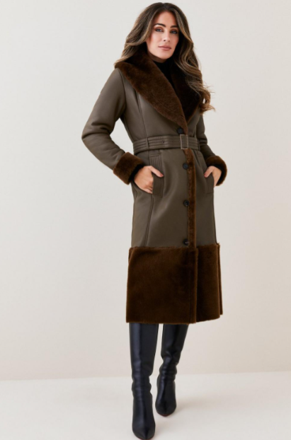 Women's Fur Sheepskin Leather Trench Coat In Dark Brown