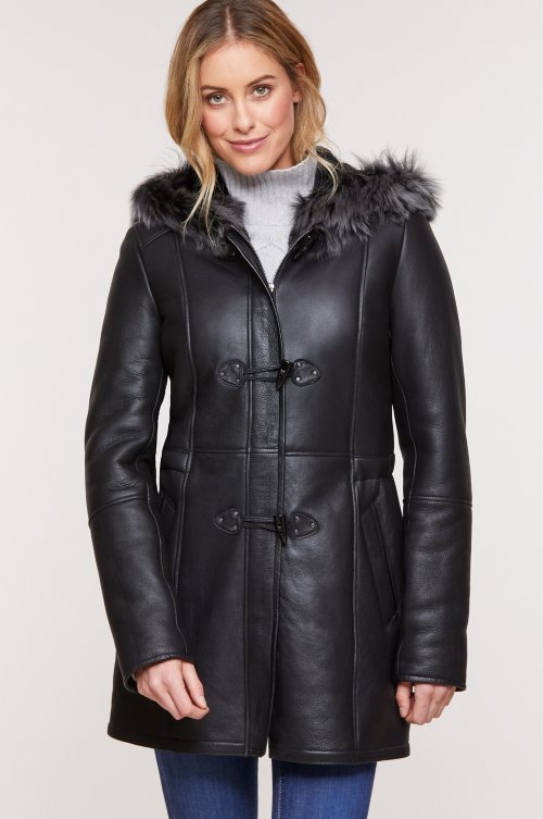 Women's Fur Sheepskin Parka Leather Coat In Black