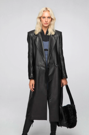 Women's Black Long Leather Coat