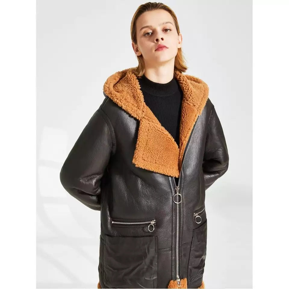 Women's Orange Fur Sheepskin Leather Coat In Black