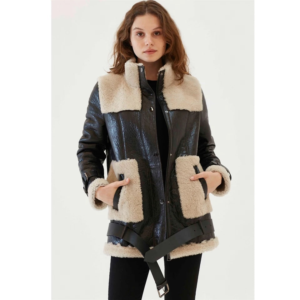 Women's Sheepskin Fur Leather Coat In Dark Brown