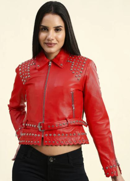 Women's Studded Leather Biker Jacket in Red - Bold & Stylish