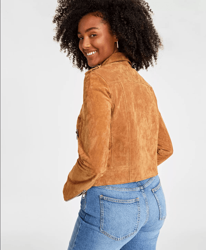 Women's Tan Brown Suede Leather Biker Jacket