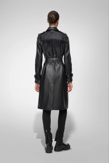 Sophisticated Women's Trench Leather Coat - Black, Belted Waist