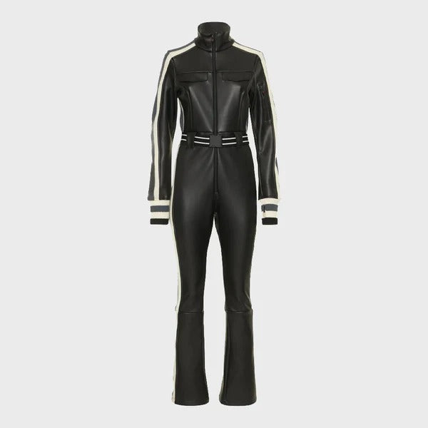 Women's Striped Black Leather Jumpsuit