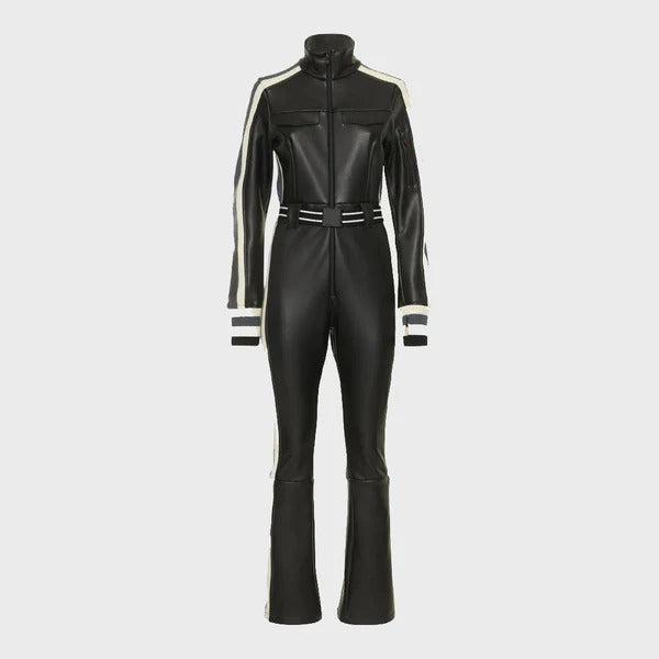 Women's Striped Black Leather Jumpsuit