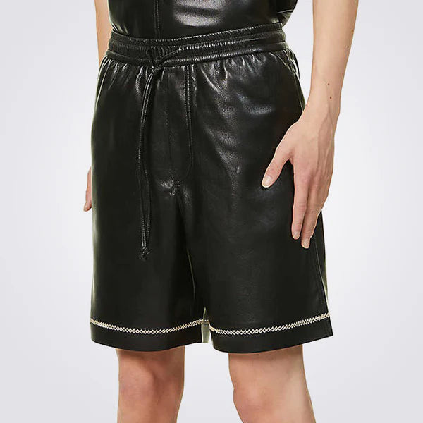 Black Leather Shorts with Contrast Stitching