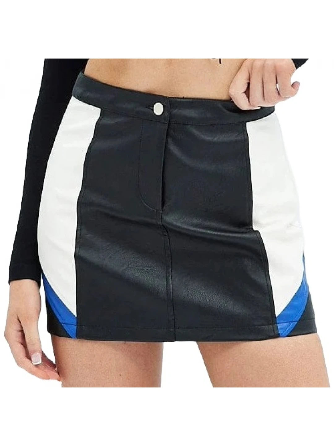 Black Leather Skirt with White and Blue Patches