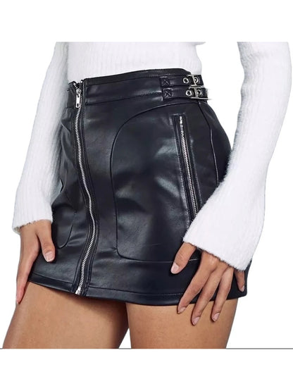 Black Leather Mini Skirt with Zip & Buckle Details