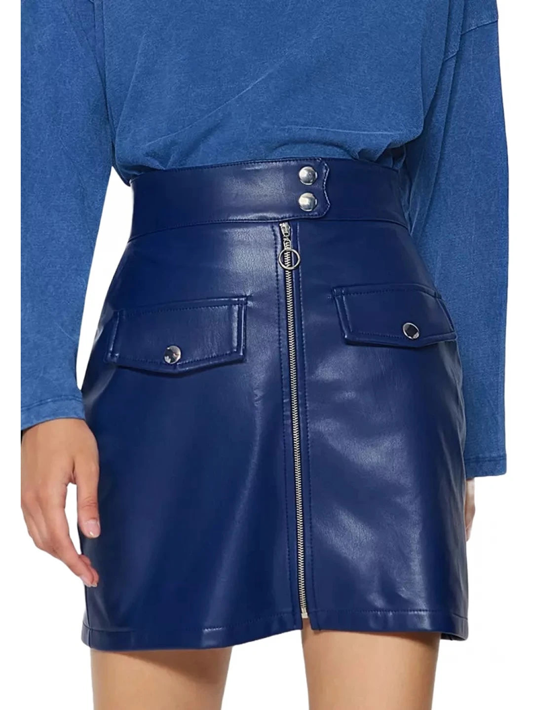 Blue Leather Mini Skirt with Flap Pockets for Women