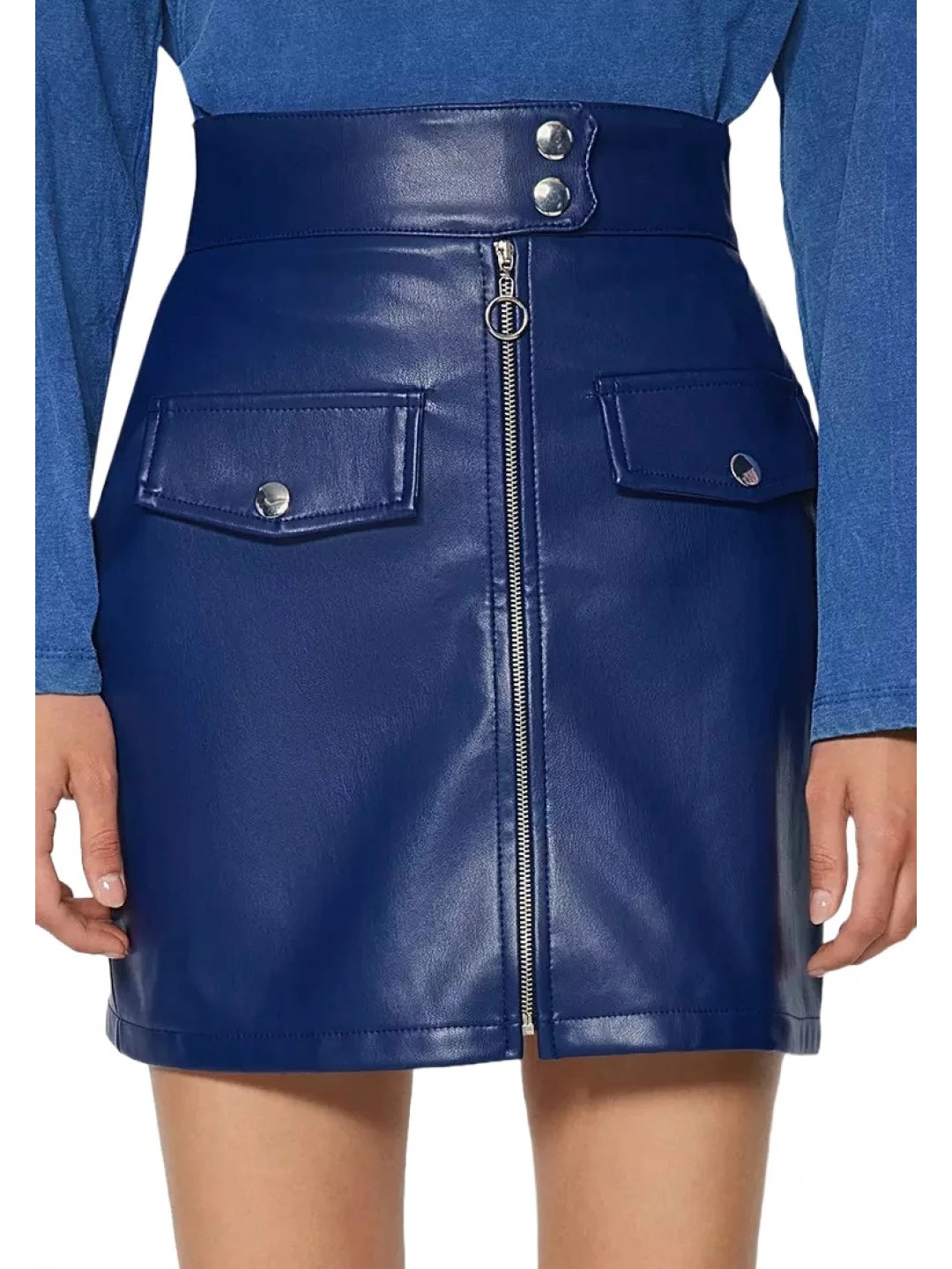 Blue Leather Mini Skirt with Flap Pockets for Women