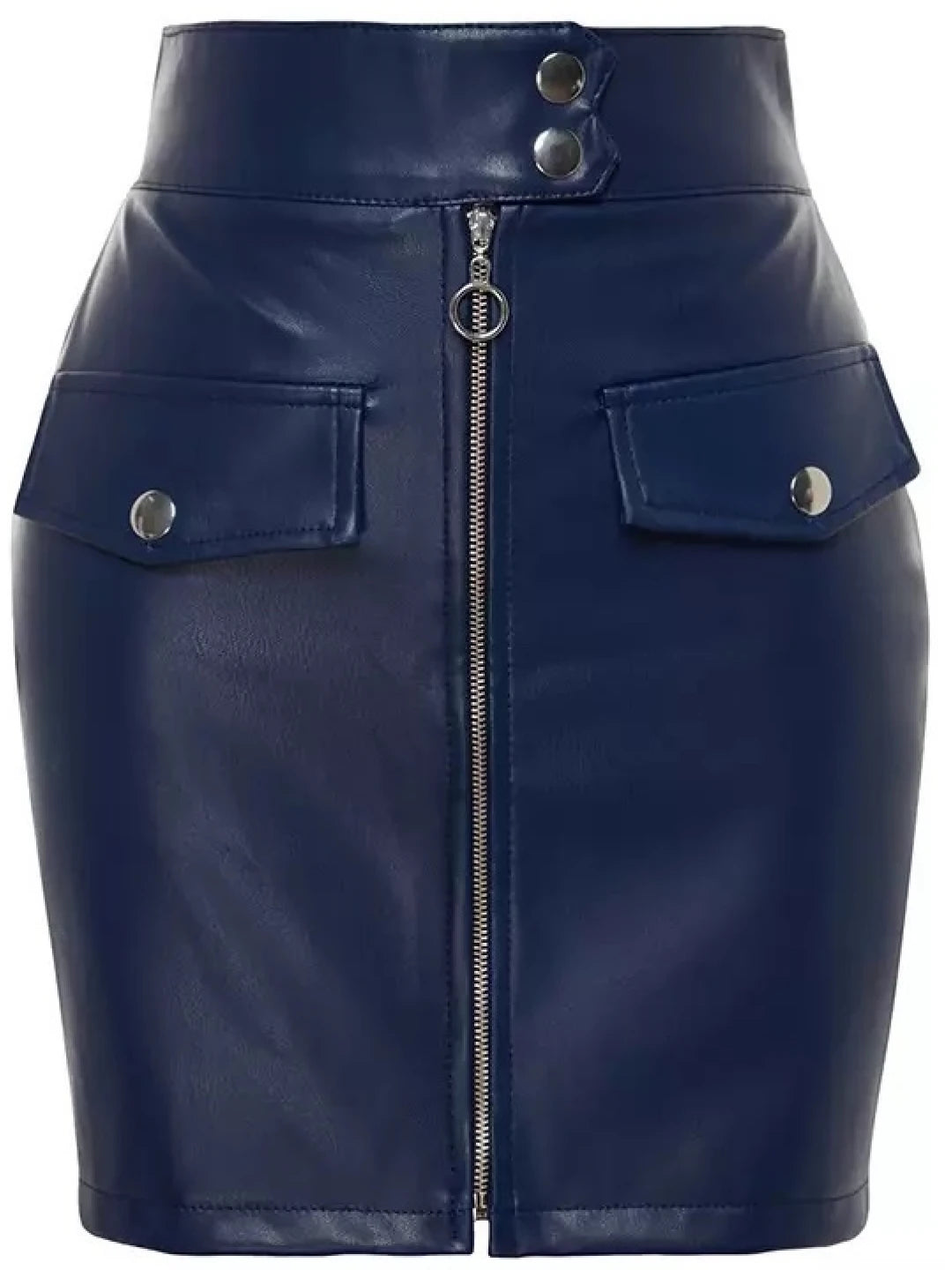 Blue Leather Mini Skirt with Flap Pockets for Women