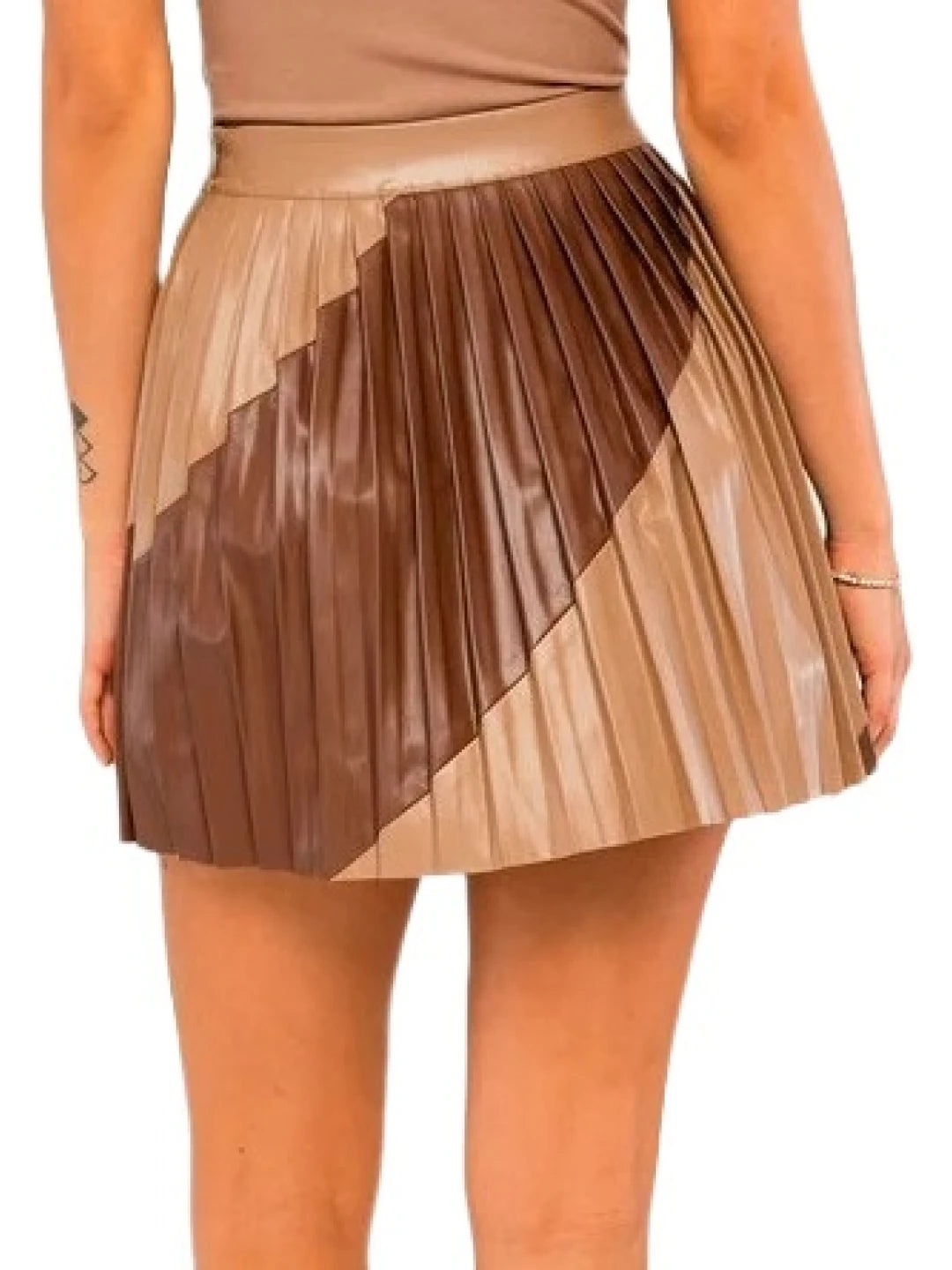 Brown and Beige Pleated Leather Skirt for Women