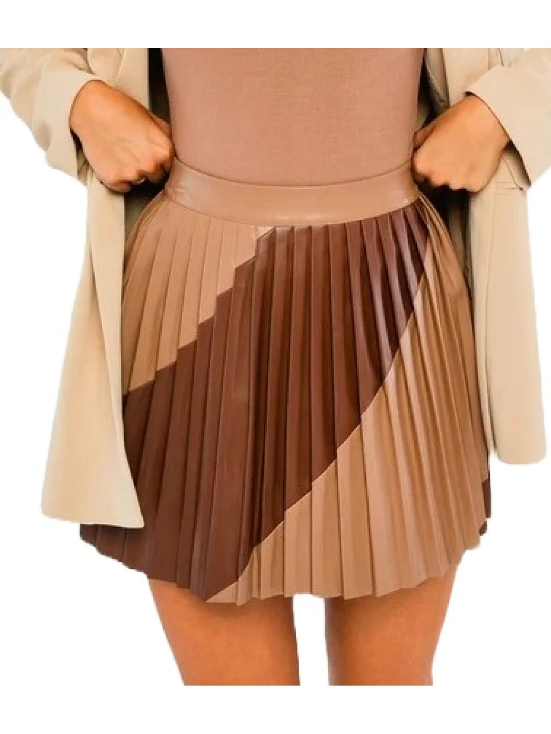 Brown and Beige Pleated Leather Skirt for Women