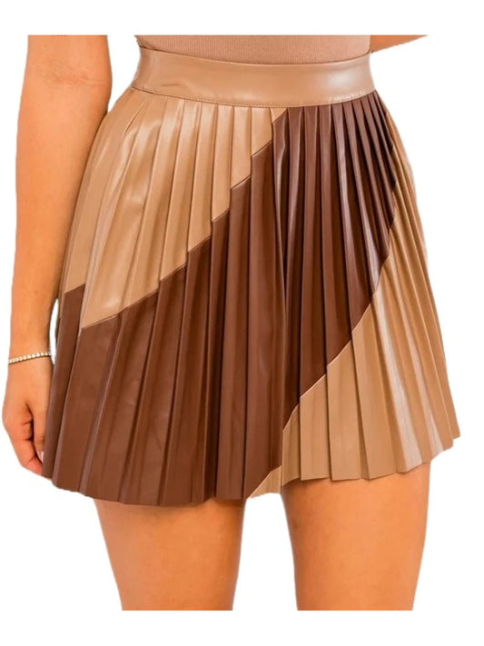 Brown and Beige Pleated Leather Skirt for Women