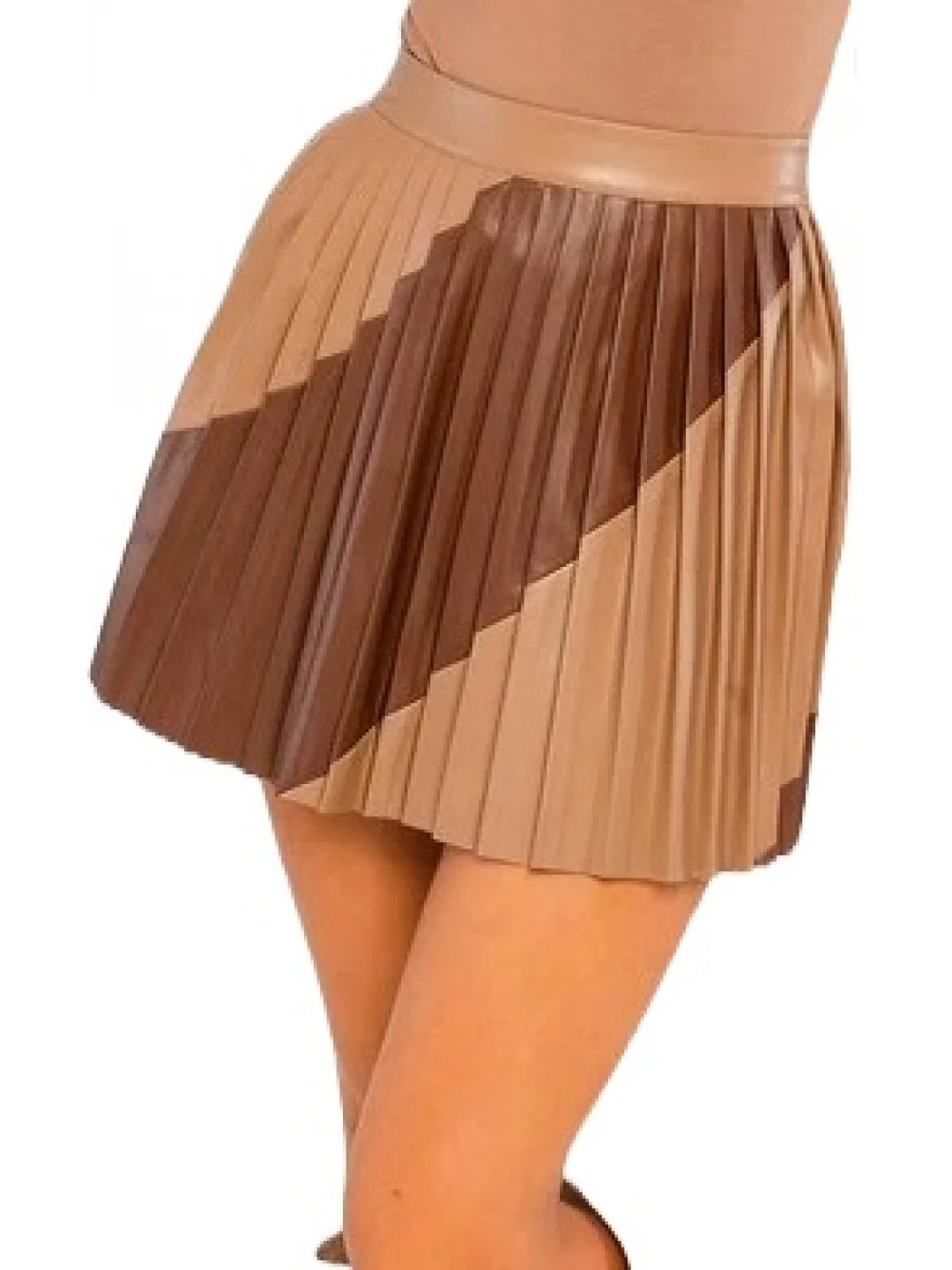 Brown and Beige Pleated Leather Skirt for Women