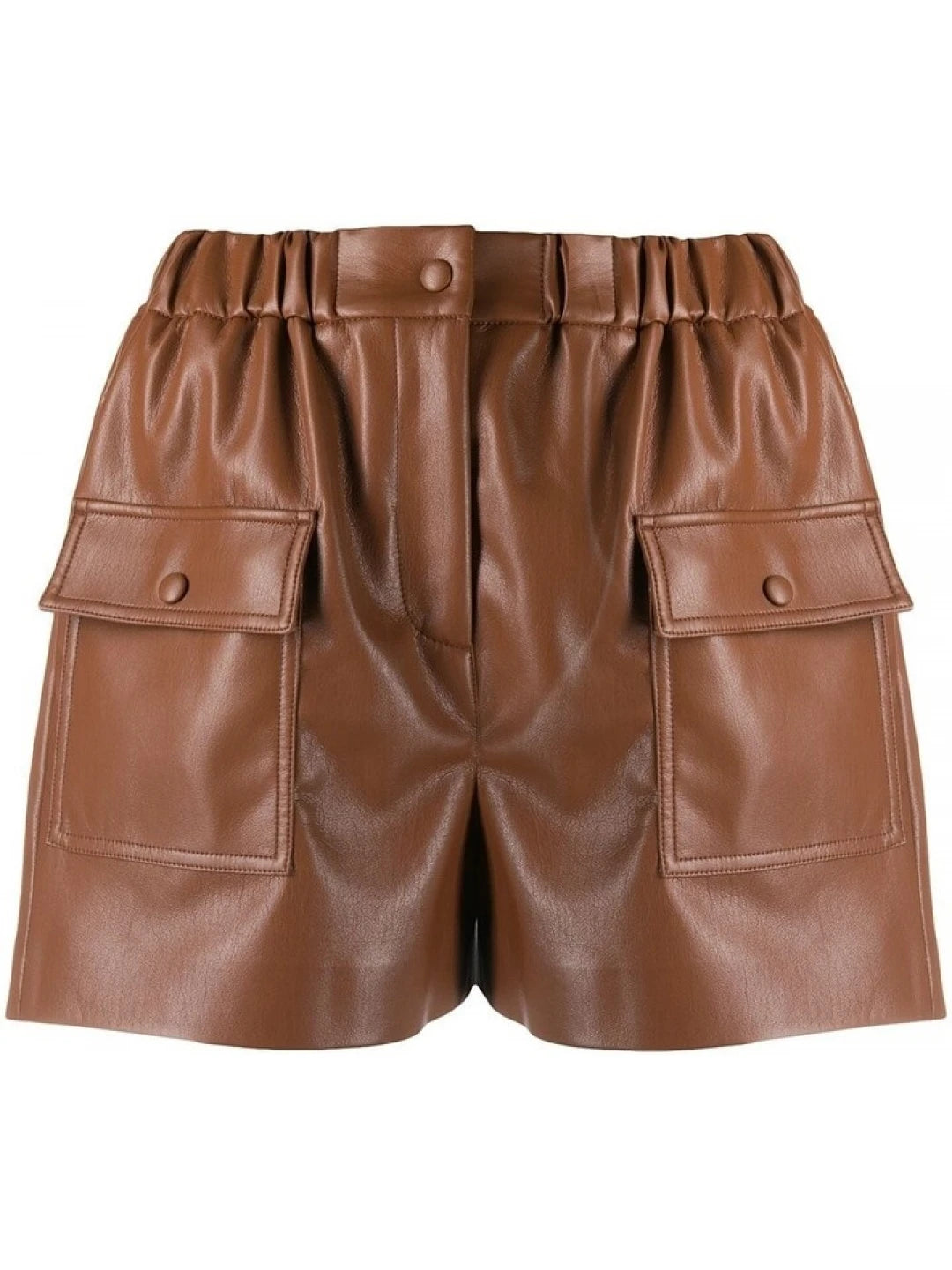 Brown Leather Shorts with Flap Pockets for Women