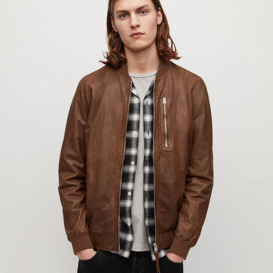 Classic Brown Lambskin Leather Bomber Jacket