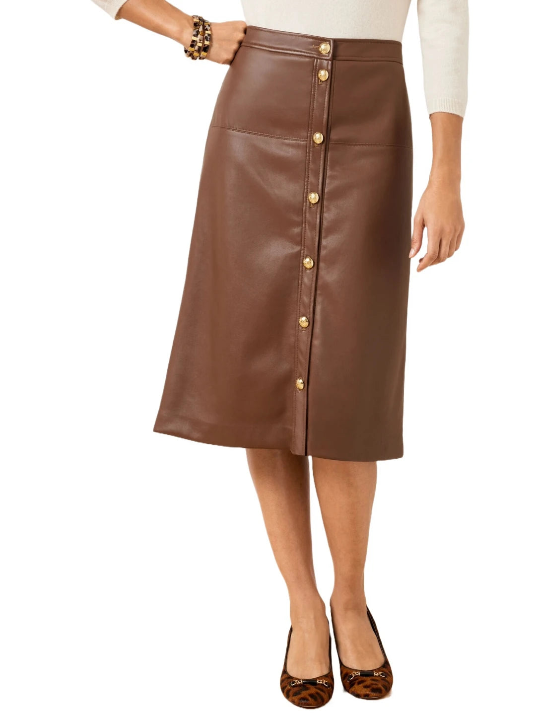 Button Front Closure Brown Leather Midi Skirt