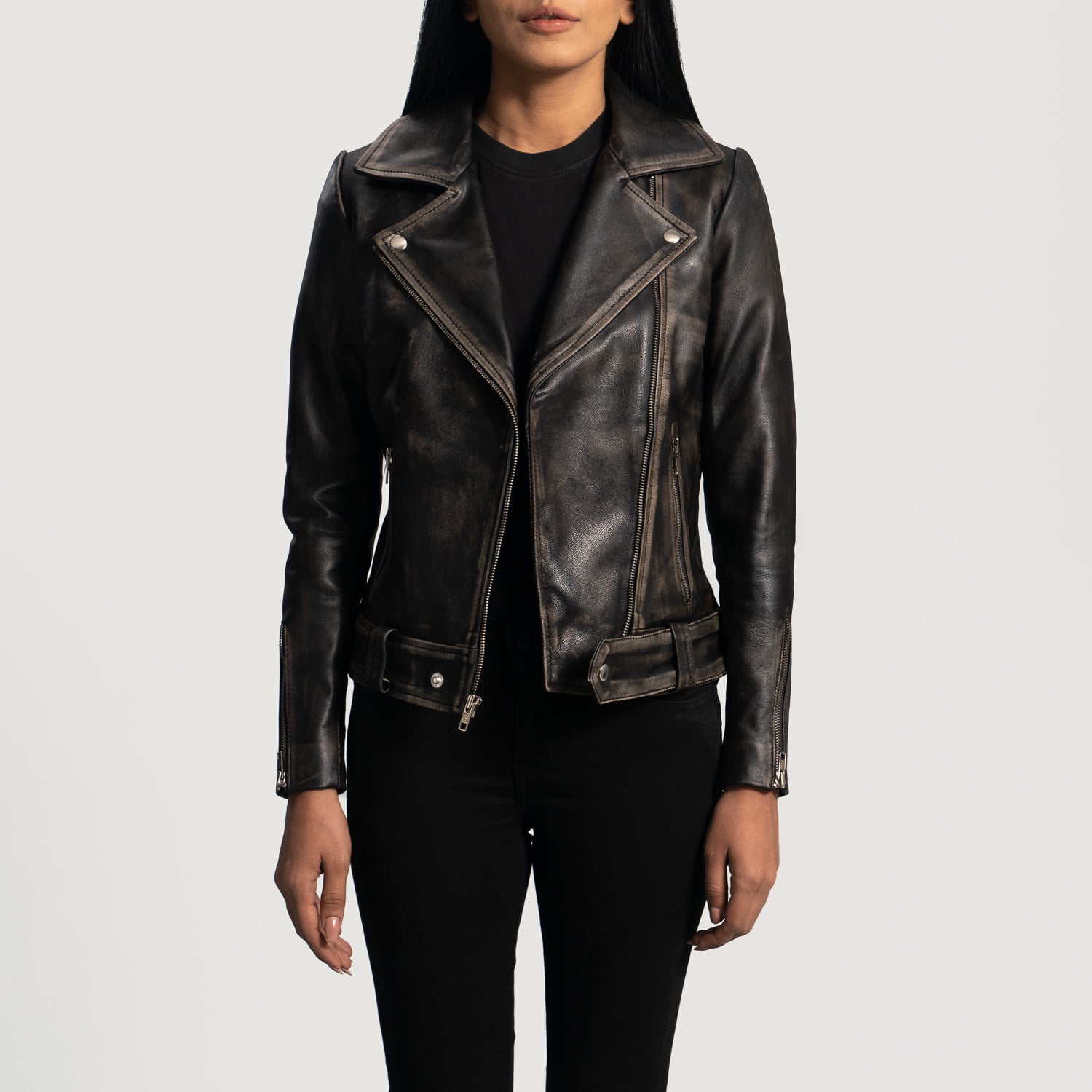 Stylish Women's Biker Distressed Leather Jacket - Classic Black Outerwear