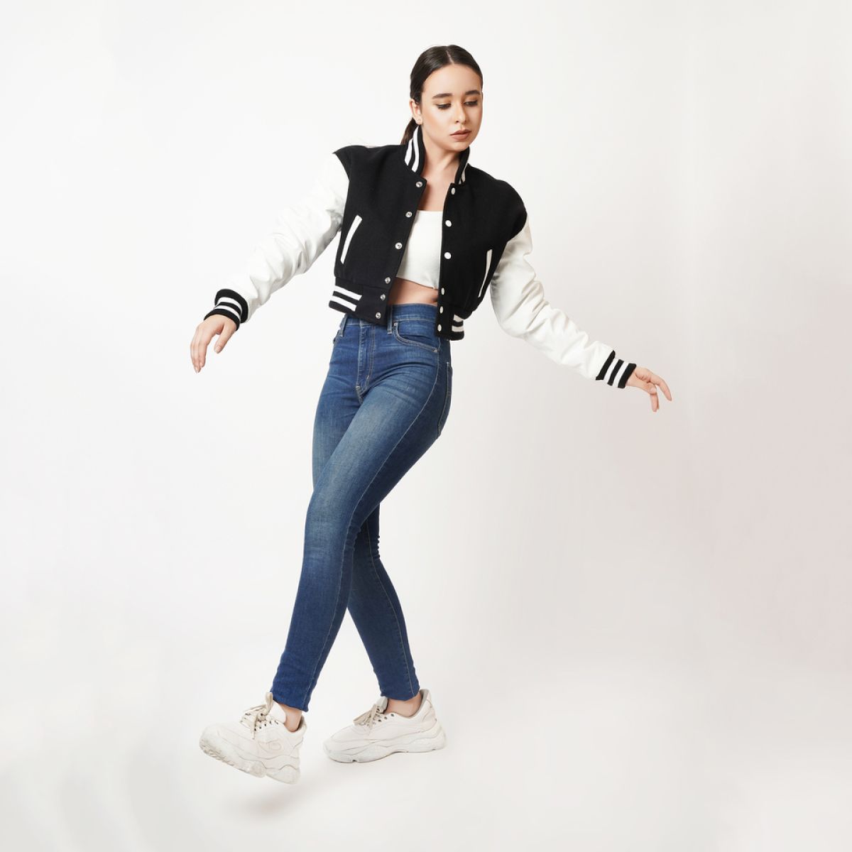 Women's Black & White Sleeves Cropped Varsity Leather Jacket