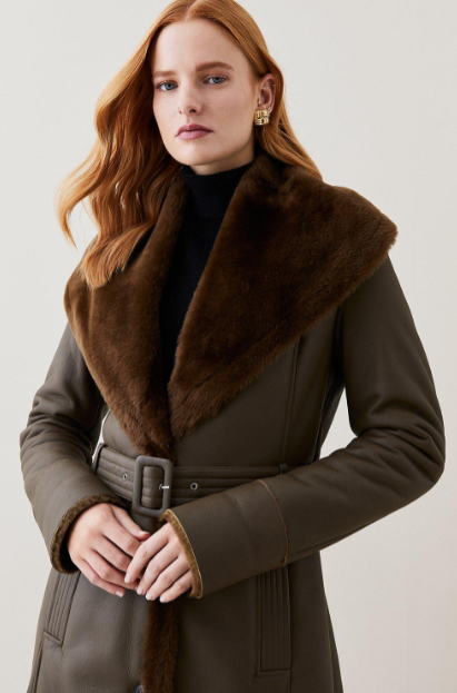 Women's Fur Sheepskin Leather Trench Coat In Dark Brown