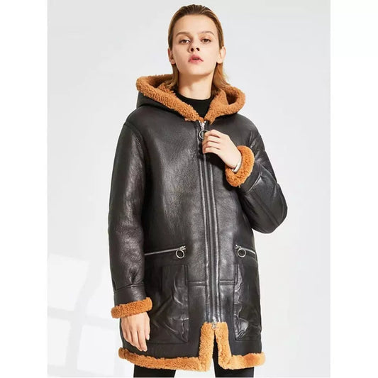 Women's Orange Fur Sheepskin Leather Coat In Black