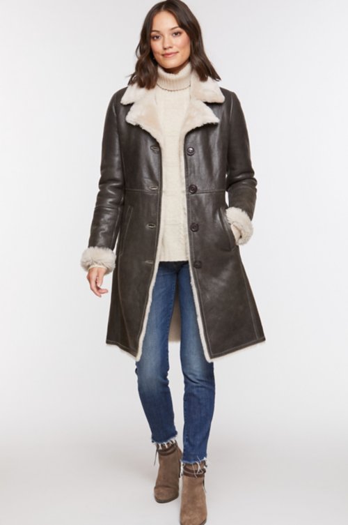 Women's Sheepskin Leather Trench Coat In Black