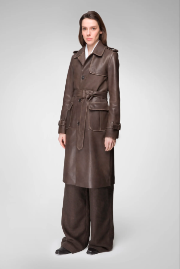 Women's Coffee Brown Trench Leather Coat