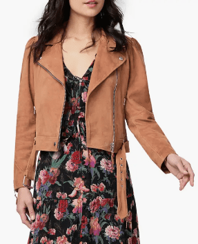 Women's Belted Suede Leather Biker Jacket In Tan Brown