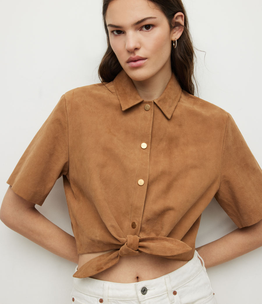 Trendy Women's Cropped Suede Leather Shirt - Brown