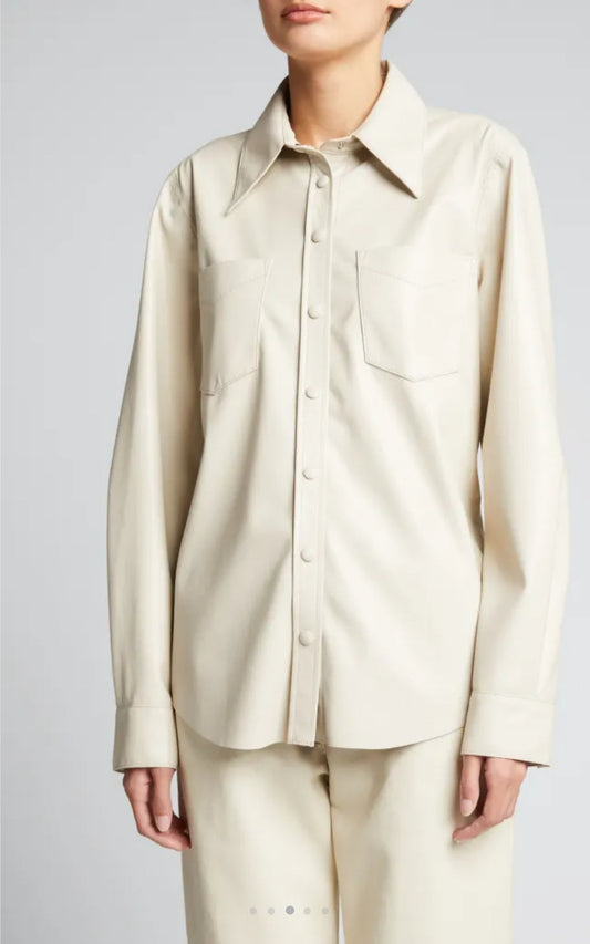 "Elegant Women's Full Sleeve Leather Shirt - Off White | TOPGURUJACKETS"