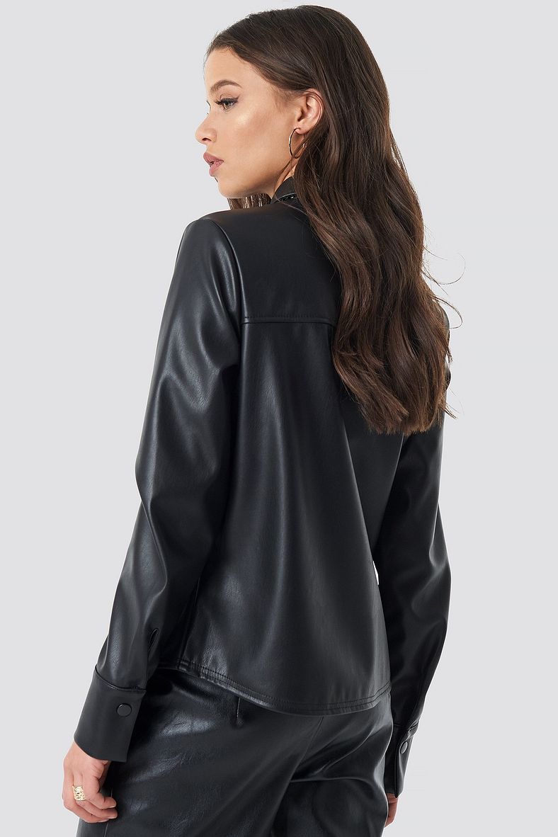 Women's Stylish Black Full-Sleeve Trucker Leather Shirt