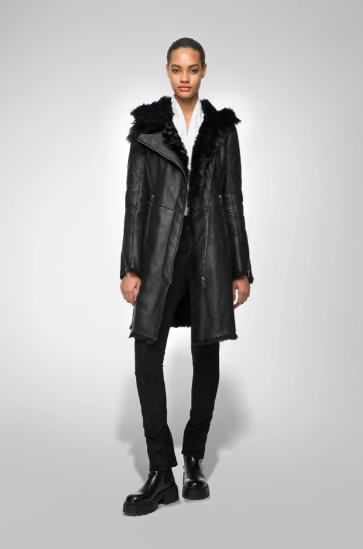 Women's Fur Shearling Parka Leather Coat In Black