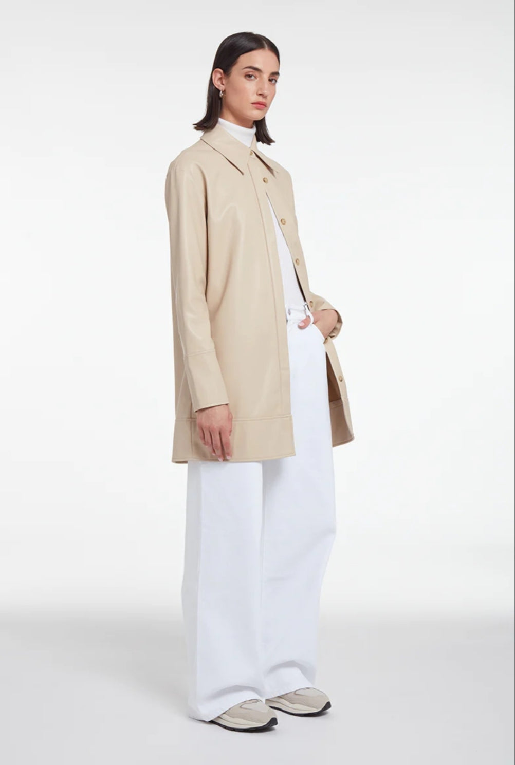 Women's Elegant Beige Long Leather Shirt