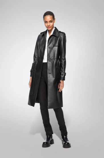 Sophisticated Women's Trench Leather Coat - Black, Belted Waist