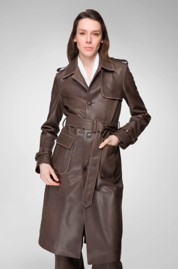 Women's Coffee Brown Trench Leather Coat