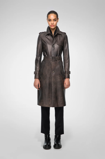 Women's Coffee Brown Belted Leather Coat