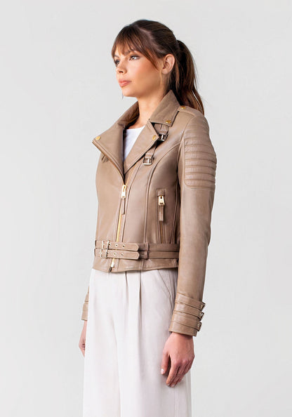 Women's Biker Cafe Racer Leather Jacket with Beige.